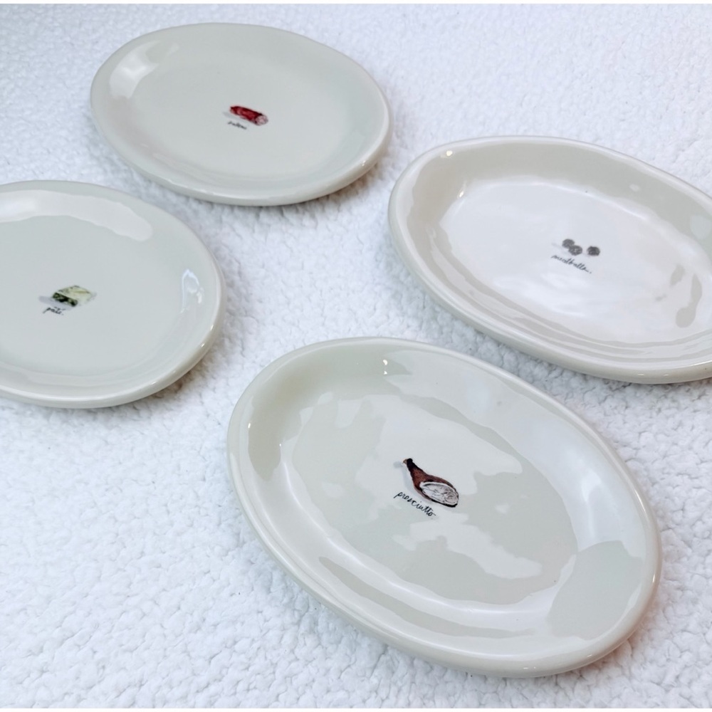 RAE DUNN • (Set of 4) Cream Meat-Themed Oval Ceramic Appetizer Plate Set - Picture 3 of 16